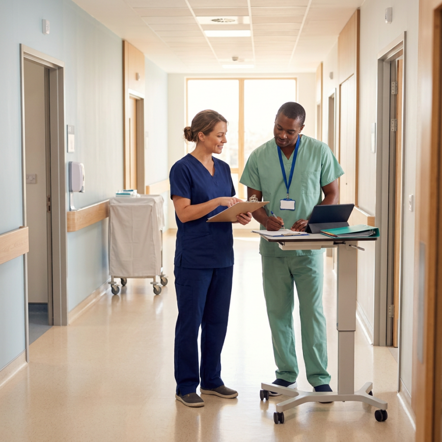 Ziekenhuis gang vraag stellen aan collega